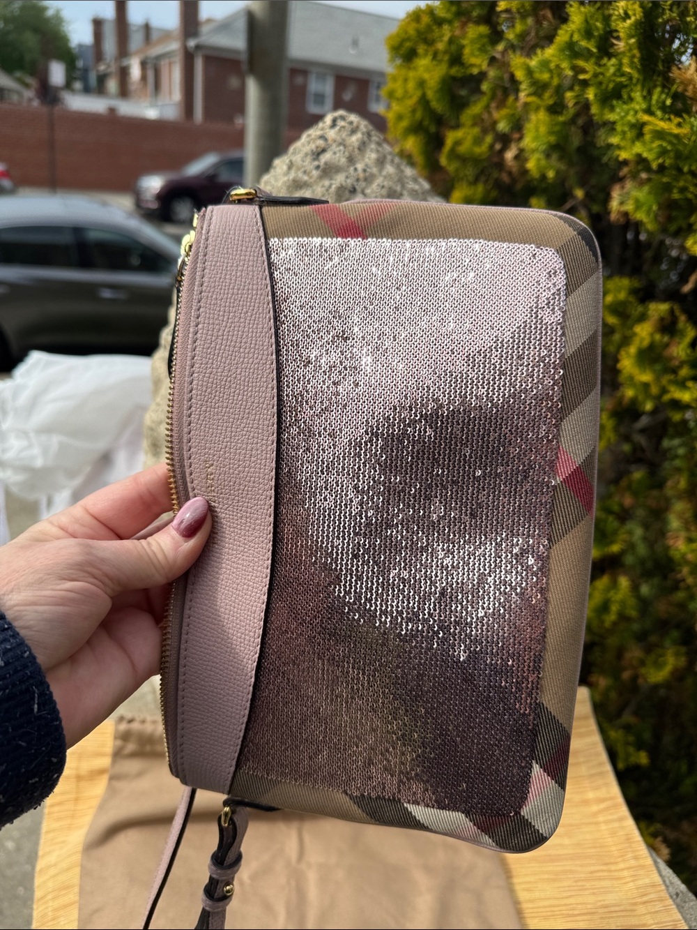 Burberry Pink Sequin Check Canvas Crossbody Purse - Picture 12 of 13